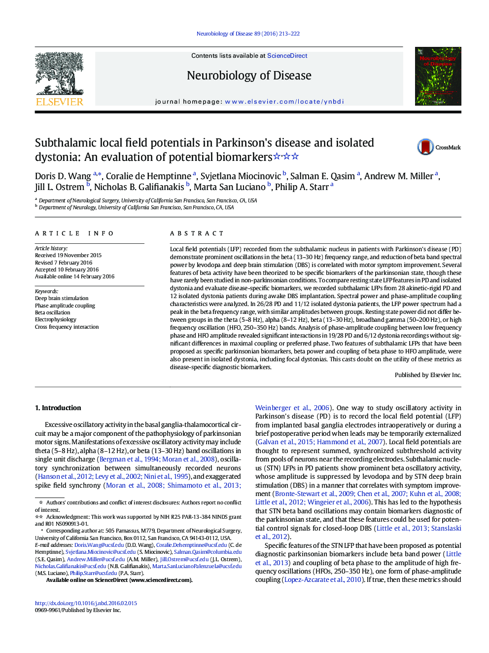 پتانسیل های محلی زیر زمین در بیماری پارکینسون و دیستونی جدا شده: ارزیابی بیومارکر های بالقوه 