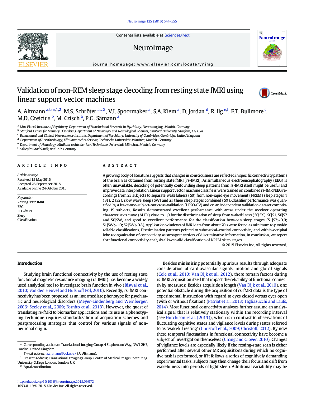 Validation of non-REM sleep stage decoding from resting state fMRI using linear support vector machines