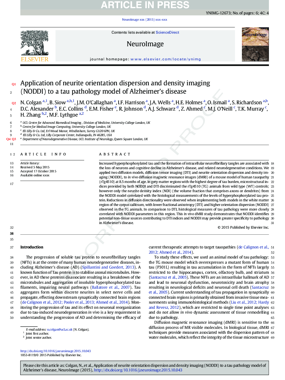 Application of neurite orientation dispersion and density imaging (NODDI) to a tau pathology model of Alzheimer's disease