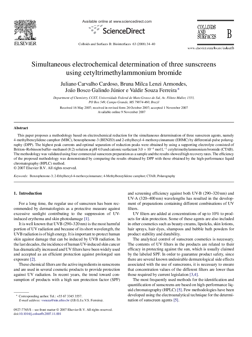 Simultaneous electrochemical determination of three sunscreens using cetyltrimethylammonium bromide