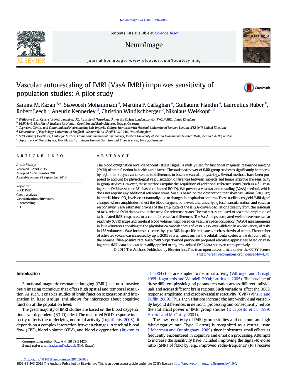 Vascular autorescaling of fMRI (VasA fMRI) improves sensitivity of population studies: A pilot study