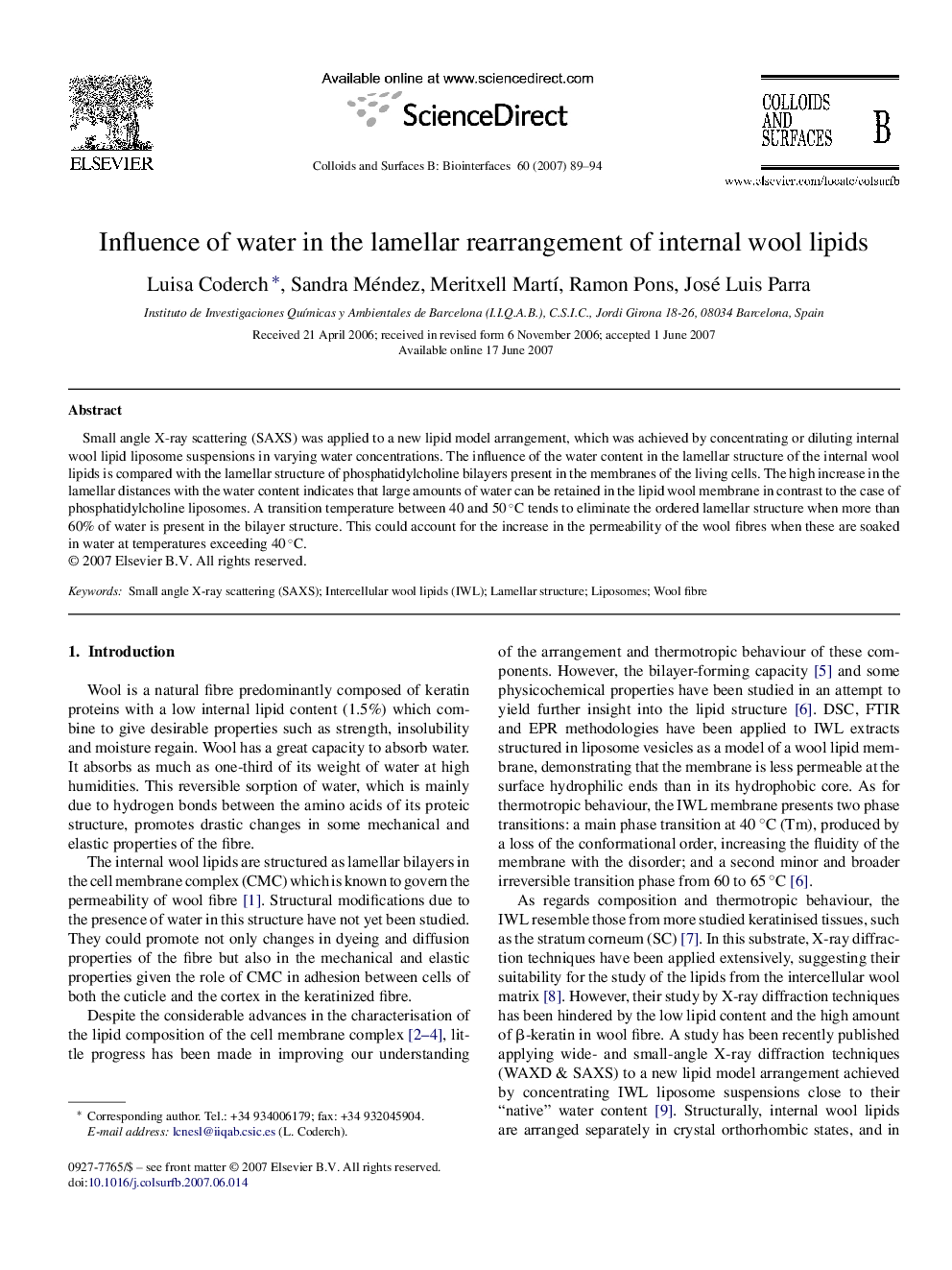 Influence of water in the lamellar rearrangement of internal wool lipids