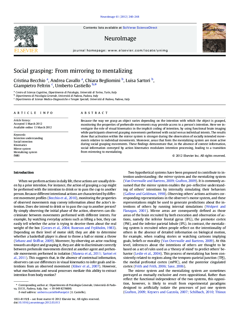 Social grasping: From mirroring to mentalizing