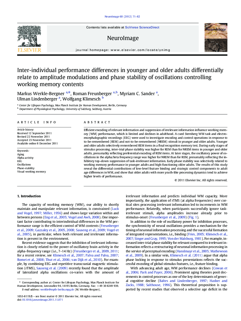 Inter-individual performance differences in younger and older adults differentially relate to amplitude modulations and phase stability of oscillations controlling working memory contents