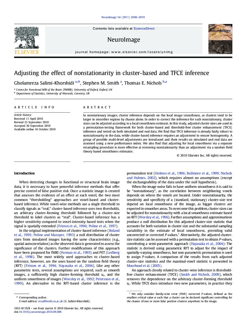 Adjusting the effect of nonstationarity in cluster-based and TFCE inference