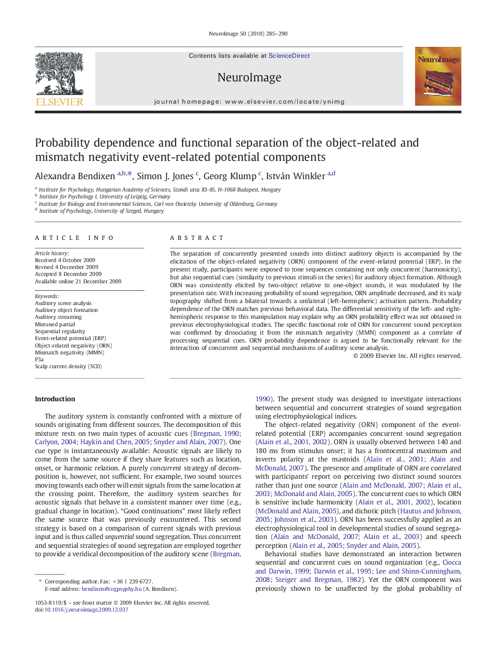 Probability dependence and functional separation of the object-related and mismatch negativity event-related potential components