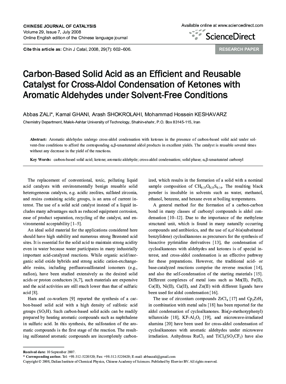 Carbon-Based Solid Acid as an Efficient and Reusable Catalyst for Cross-Aldol Condensation of Ketones with Aromatic Aldehydes under Solvent-Free Conditions