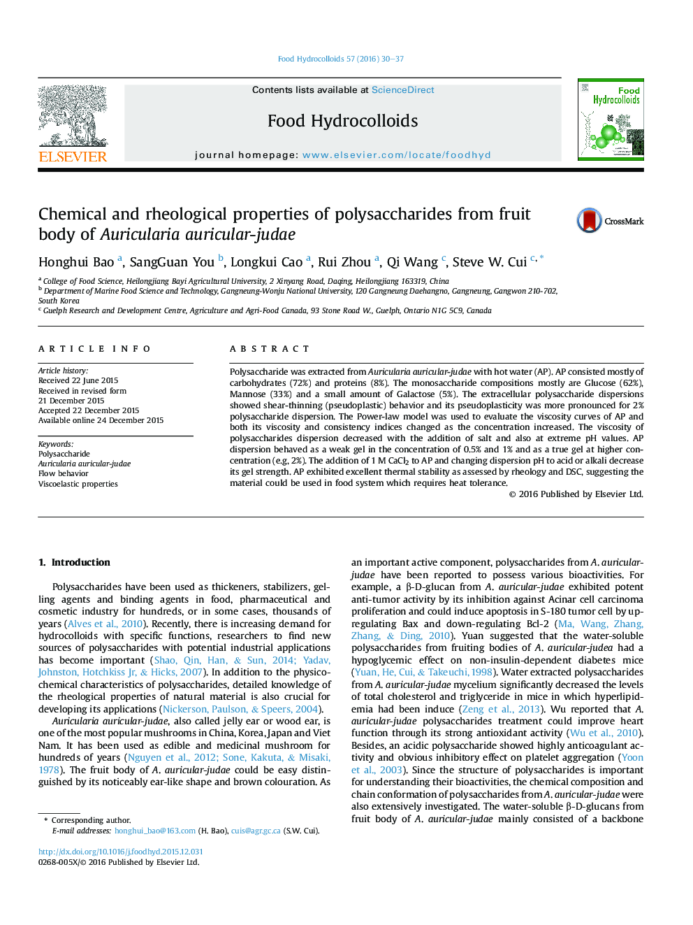 Chemical and rheological properties of polysaccharides from fruit body of Auricularia auricular-judae