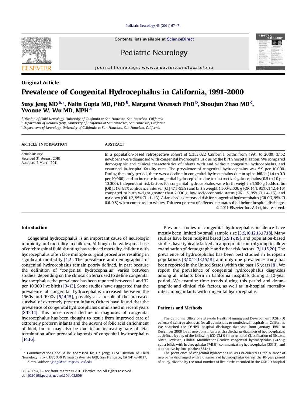 Prevalence of Congenital Hydrocephalus in California, 1991-2000
