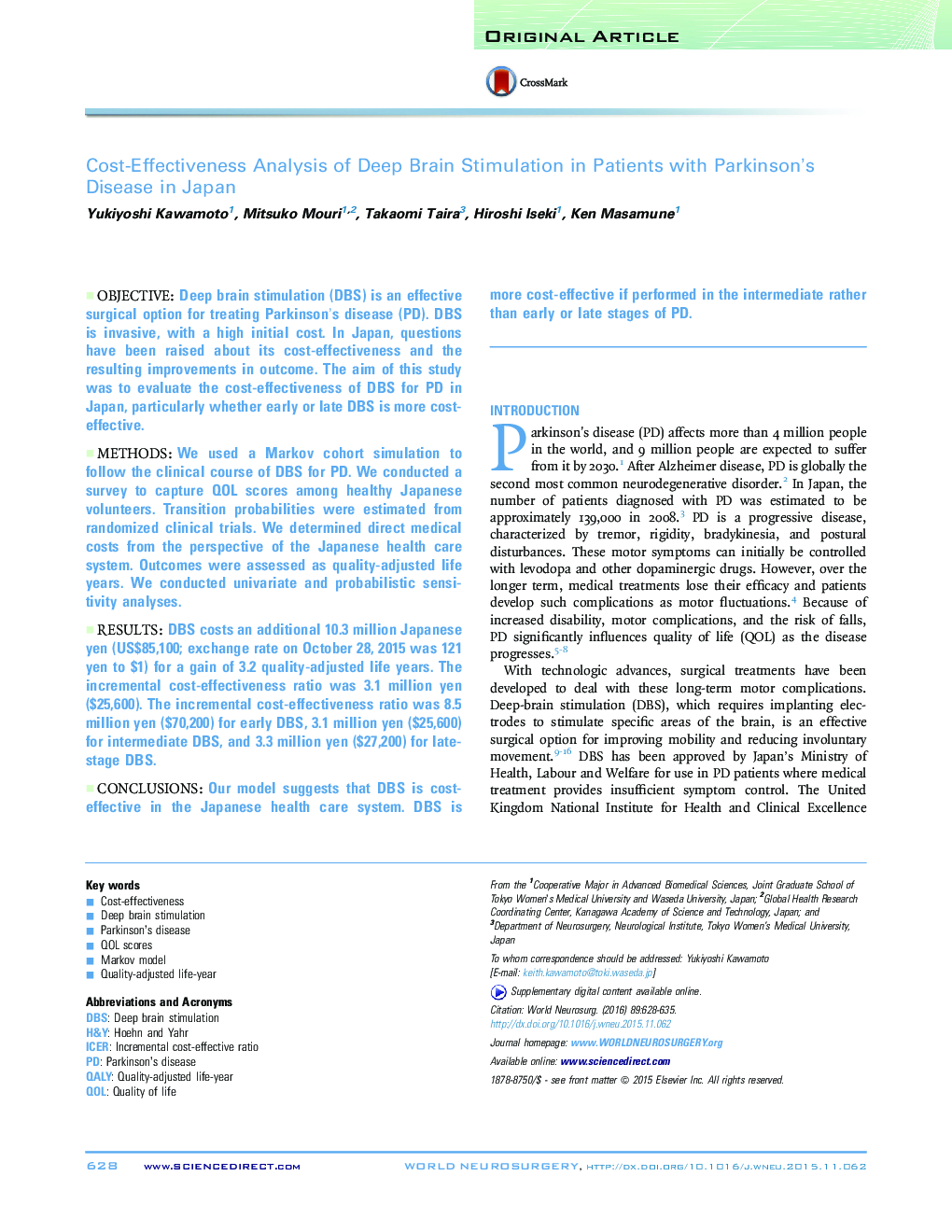 Original ArticleCost-Effectiveness Analysis of Deep Brain Stimulation in Patients with ParkinsonÊ¼s Disease in Japan