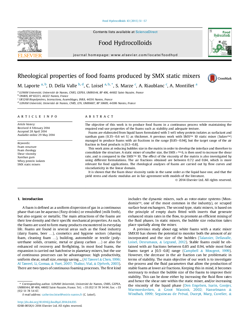 Rheological properties of food foams produced by SMX static mixers