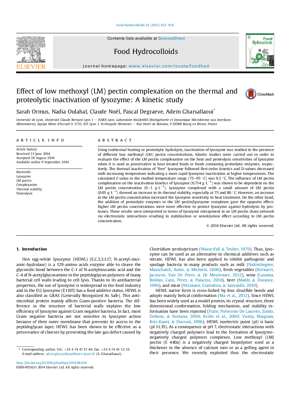 Effect of low methoxyl (LM) pectin complexation on the thermal and proteolytic inactivation of lysozyme: A kinetic study