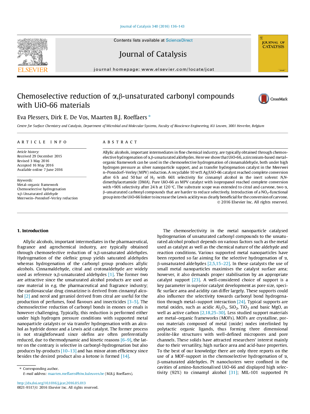 Chemoselective reduction of α,β-unsaturated carbonyl compounds with UiO-66 materials