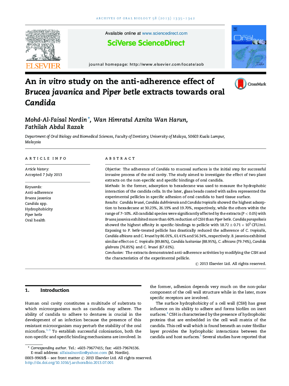 An in vitro study on the anti-adherence effect of Brucea javanica and Piper betle extracts towards oral Candida