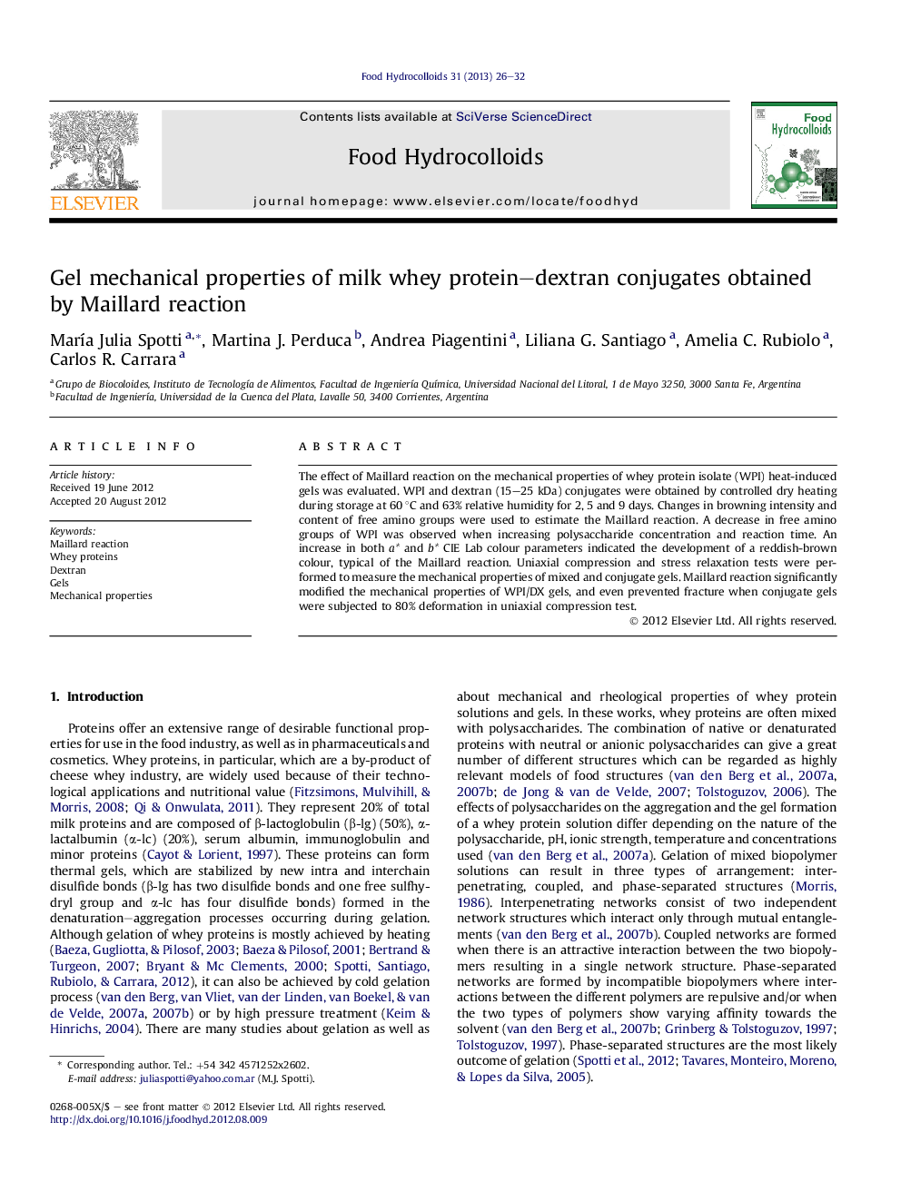 Gel mechanical properties of milk whey protein–dextran conjugates obtained by Maillard reaction