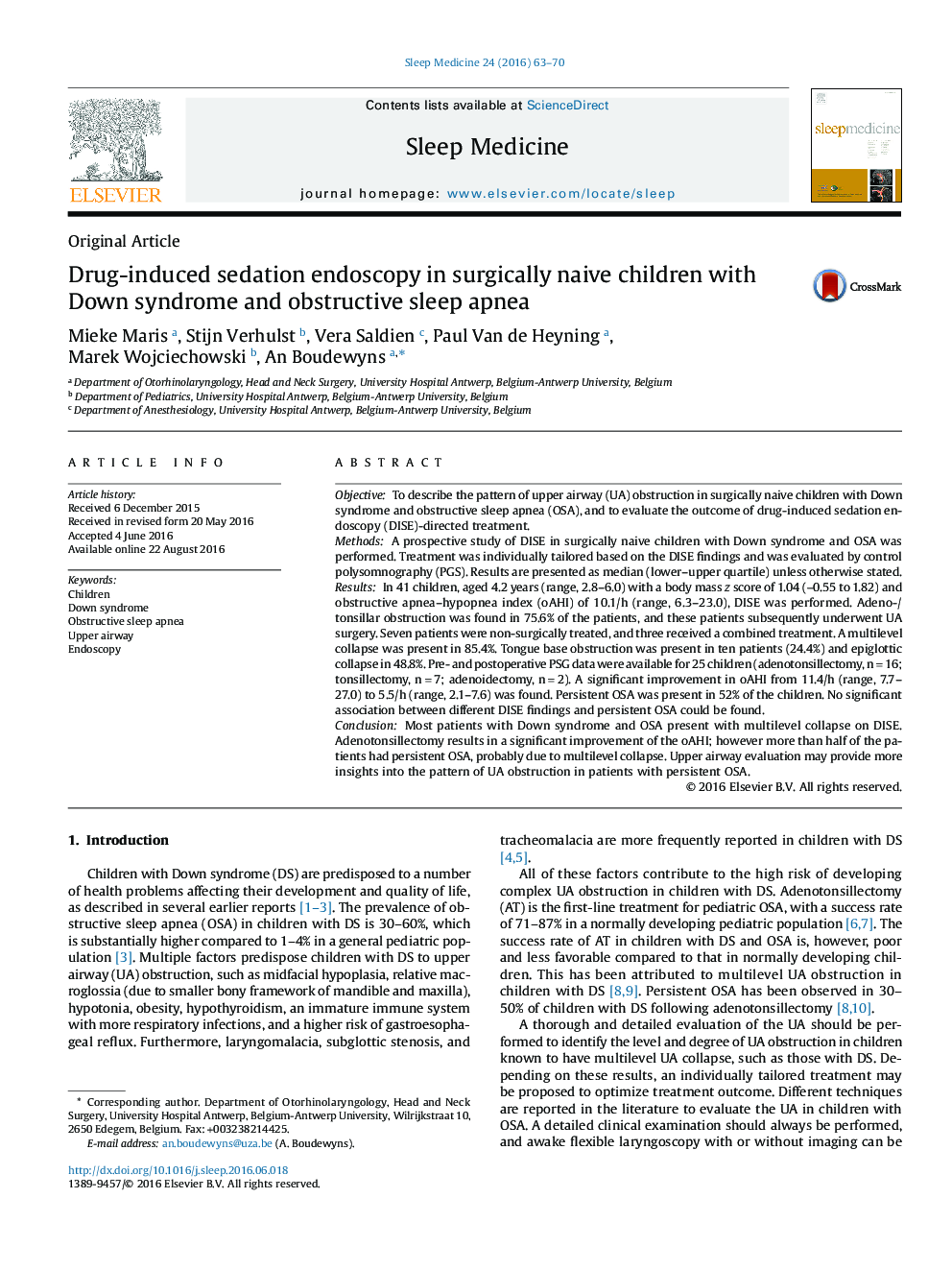 Original ArticleDrug-induced sedation endoscopy in surgically naive children with Down syndrome and obstructive sleep apnea