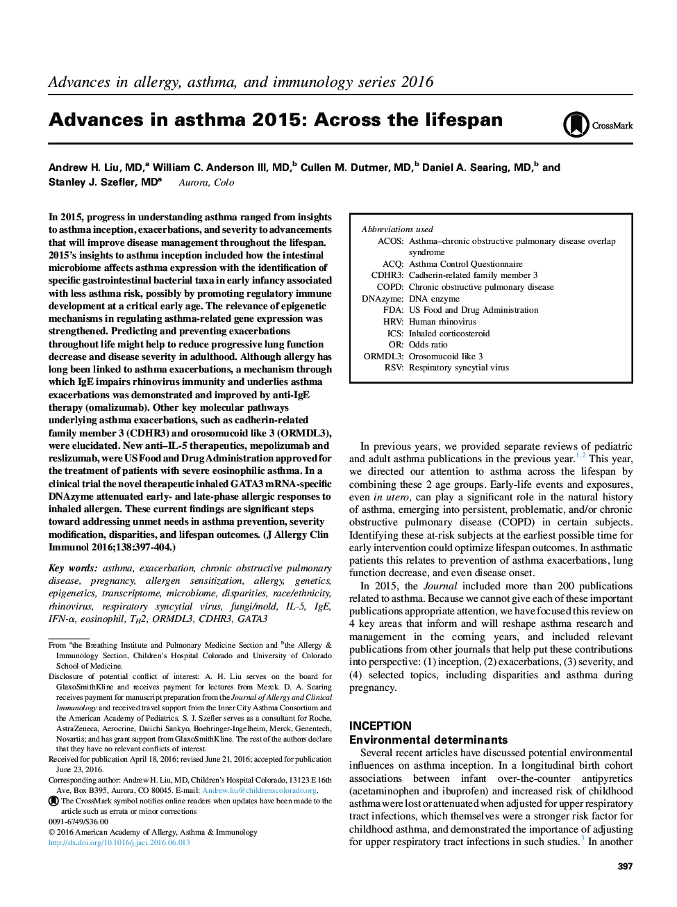 Reviews and feature articleAdvances in asthma 2015: Across the lifespan