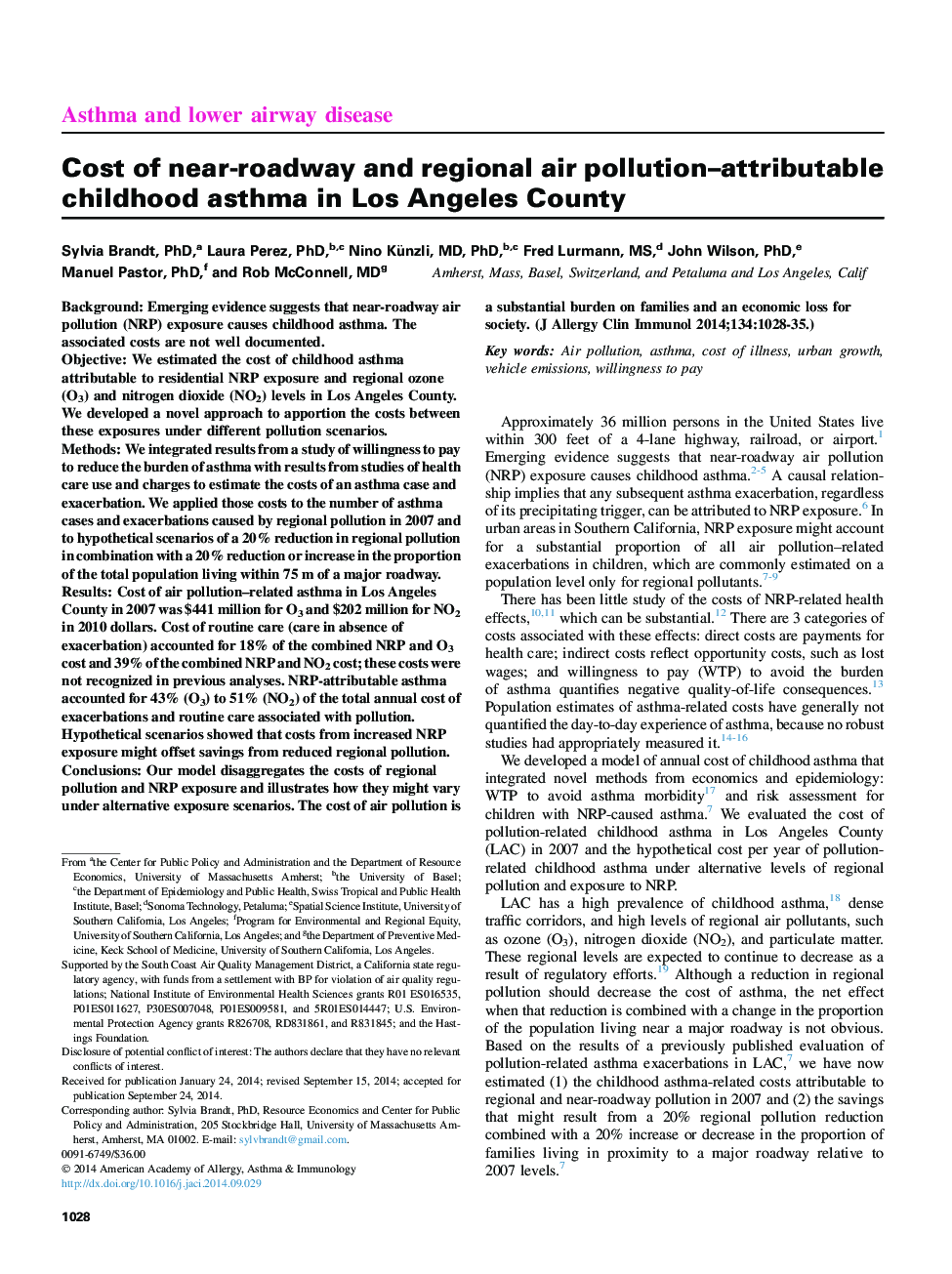 هزینه آسم دوران کودکی ناشی از آلودگی هوا در ناحیه نزدیک و جاده ای در منطقه لس آنجلس 