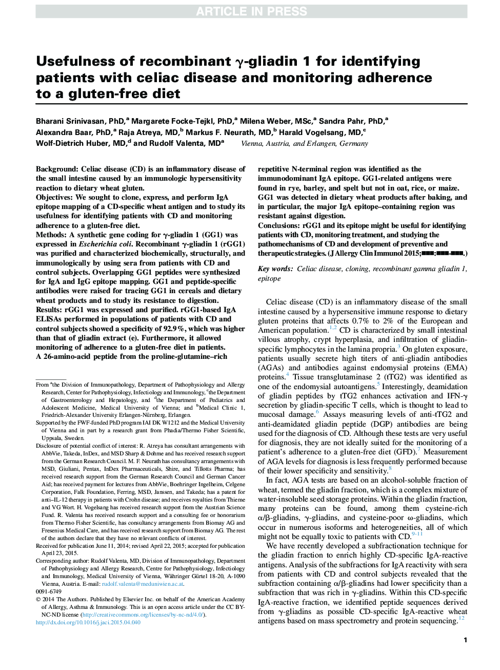 Usefulness of recombinant Î³-gliadin 1 for identifying patients with celiac disease and monitoring adherence to a gluten-free diet