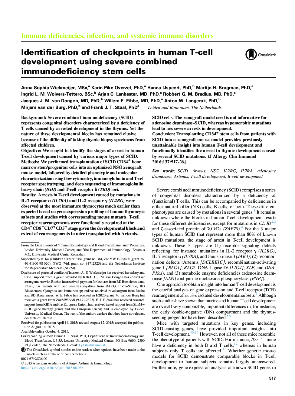 Immune deficiencies, infection, and systemic immune disordersIdentification of checkpoints in human T-cell development using severe combined immunodeficiency stem cells