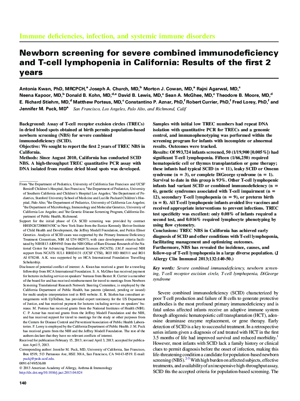 Newborn screening for severe combined immunodeficiency and T-cell lymphopenia in California: Results of the first 2 years