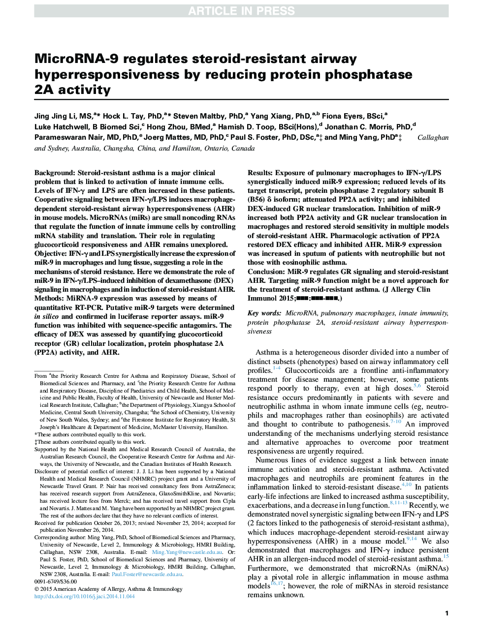 MicroRNA-9 regulates steroid-resistant airway hyperresponsiveness by reducing protein phosphatase 2A activity