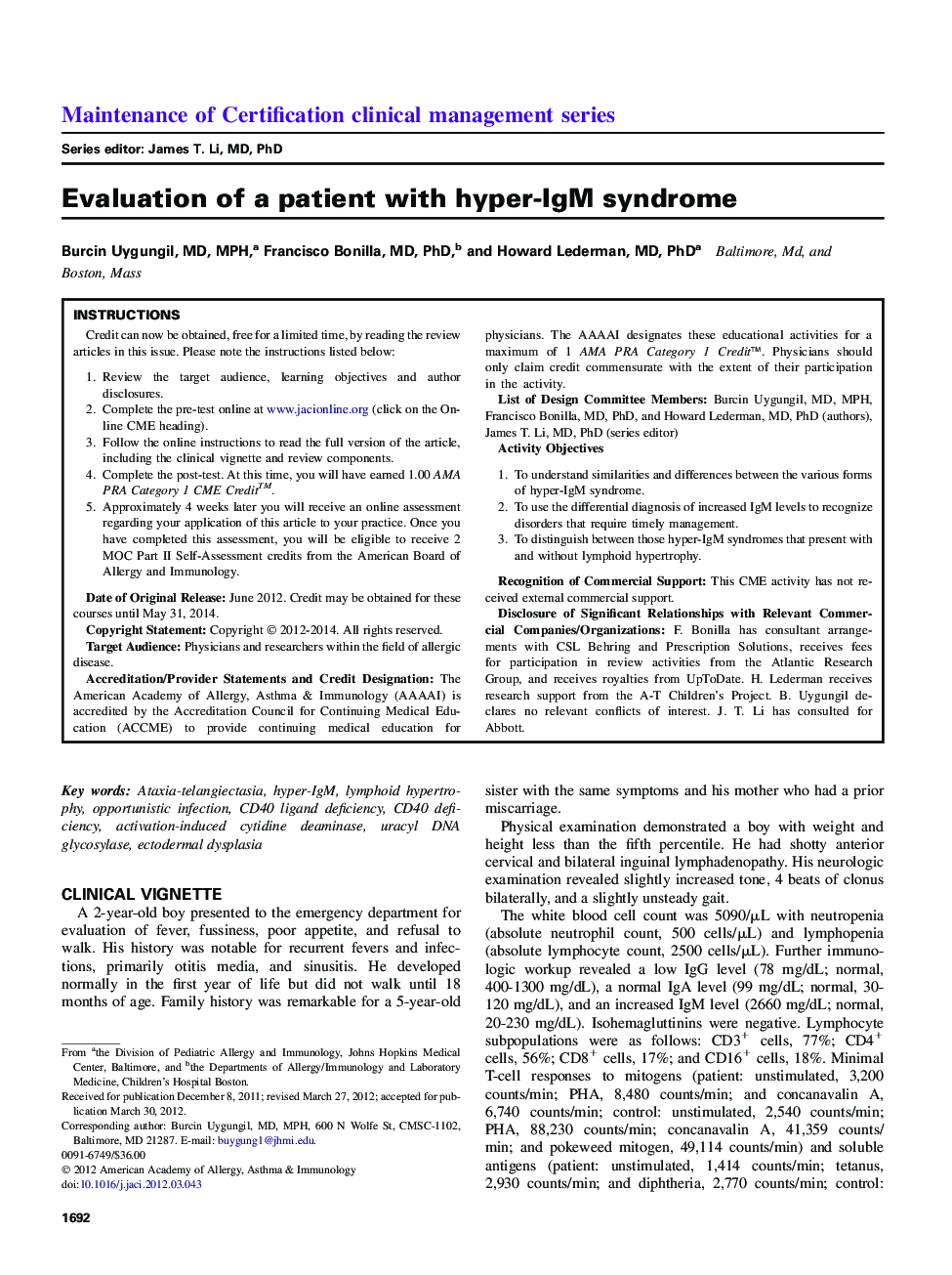 Evaluation of a patient with hyper-IgM syndrome