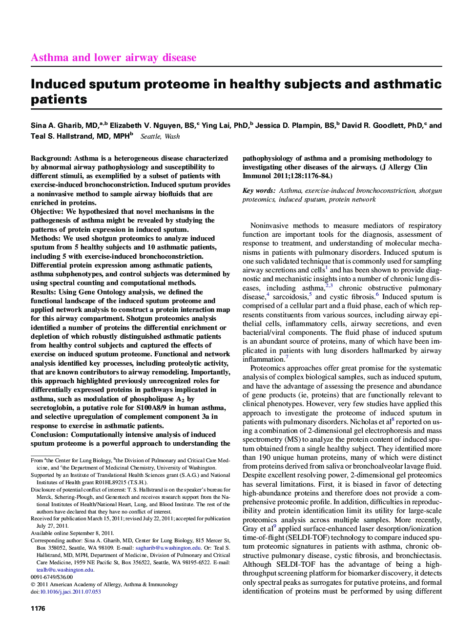 Asthma and lower airway diseaseInduced sputum proteome in healthy subjects and asthmatic patients