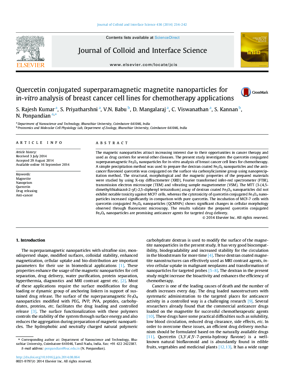 نانوذرات مغناطیسی سوپر پارامغناطیسی کوئرستین برای تجزیه و تحلیل درون سلول های سرطانی سرطان برای برنامه های شیمی درمانی 