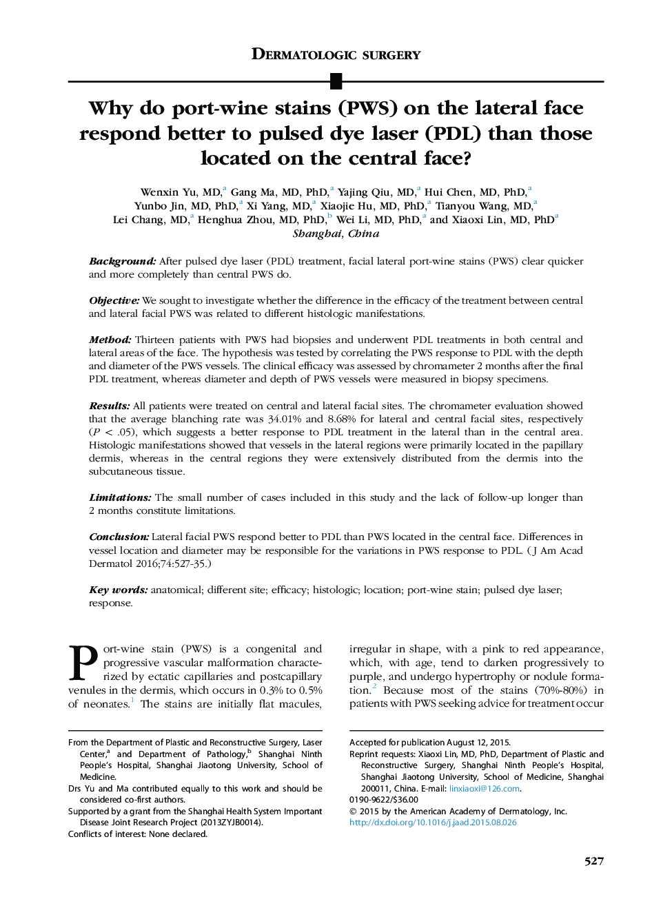 Why do port-wine stains (PWS) on the lateral face respond better to pulsed dye laser (PDL) than those located on the central face?