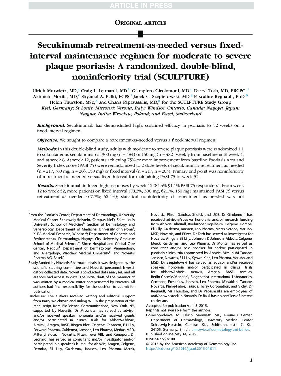 Secukinumab retreatment-as-needed versus fixed-interval maintenance regimen for moderate to severe plaque psoriasis: A randomized, double-blind, noninferiority trial (SCULPTURE)