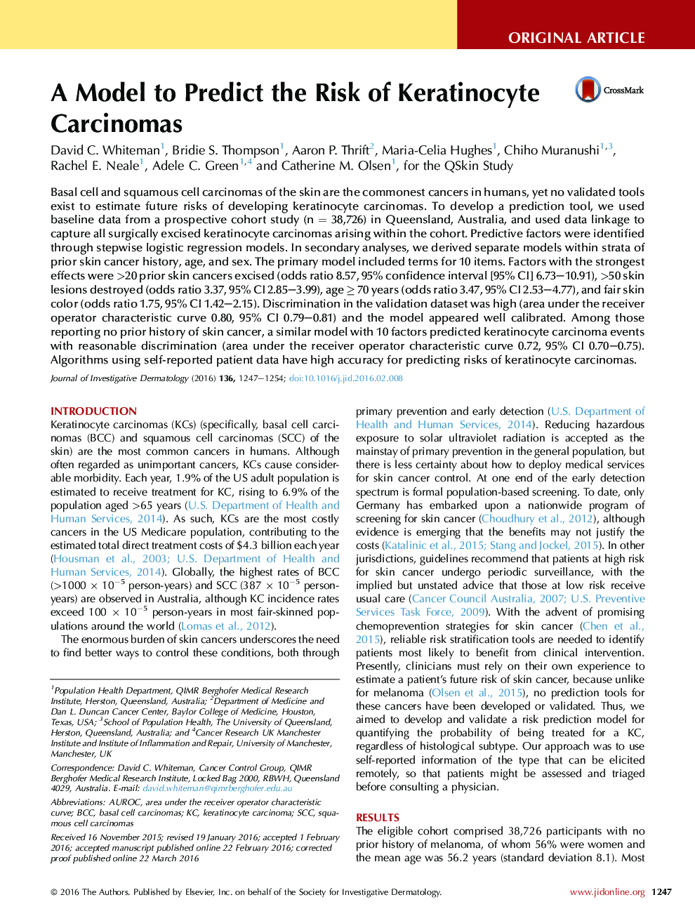 یک مدل برای پیش بینی خطر ابتلا به سرطان کراتینوسیت 
