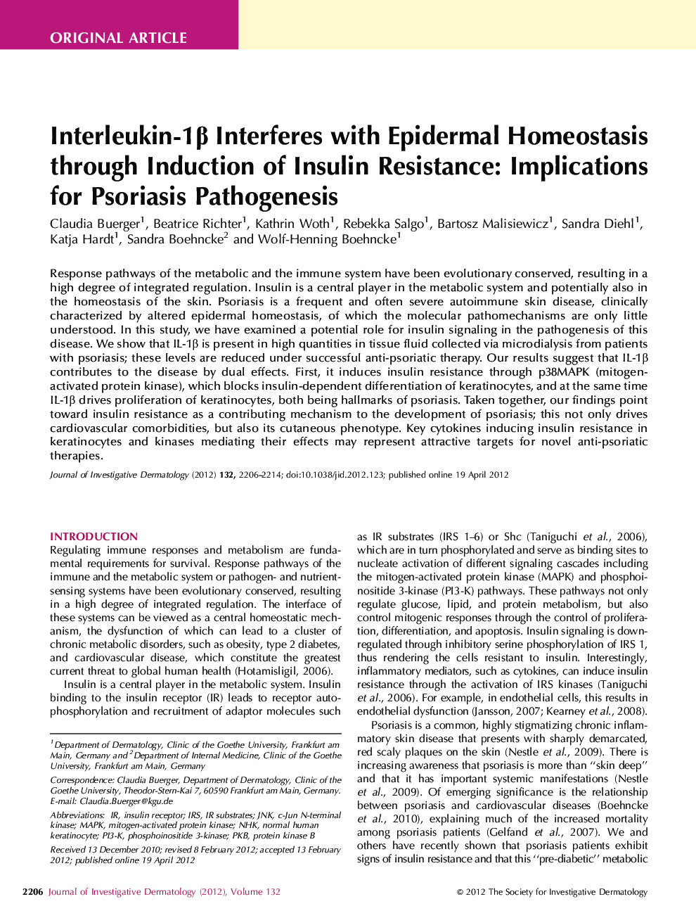 Interleukin-1Î² Interferes with Epidermal Homeostasis through Induction of Insulin Resistance: Implications for Psoriasis Pathogenesis