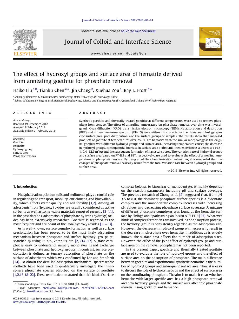 The effect of hydroxyl groups and surface area of hematite derived from annealing goethite for phosphate removal