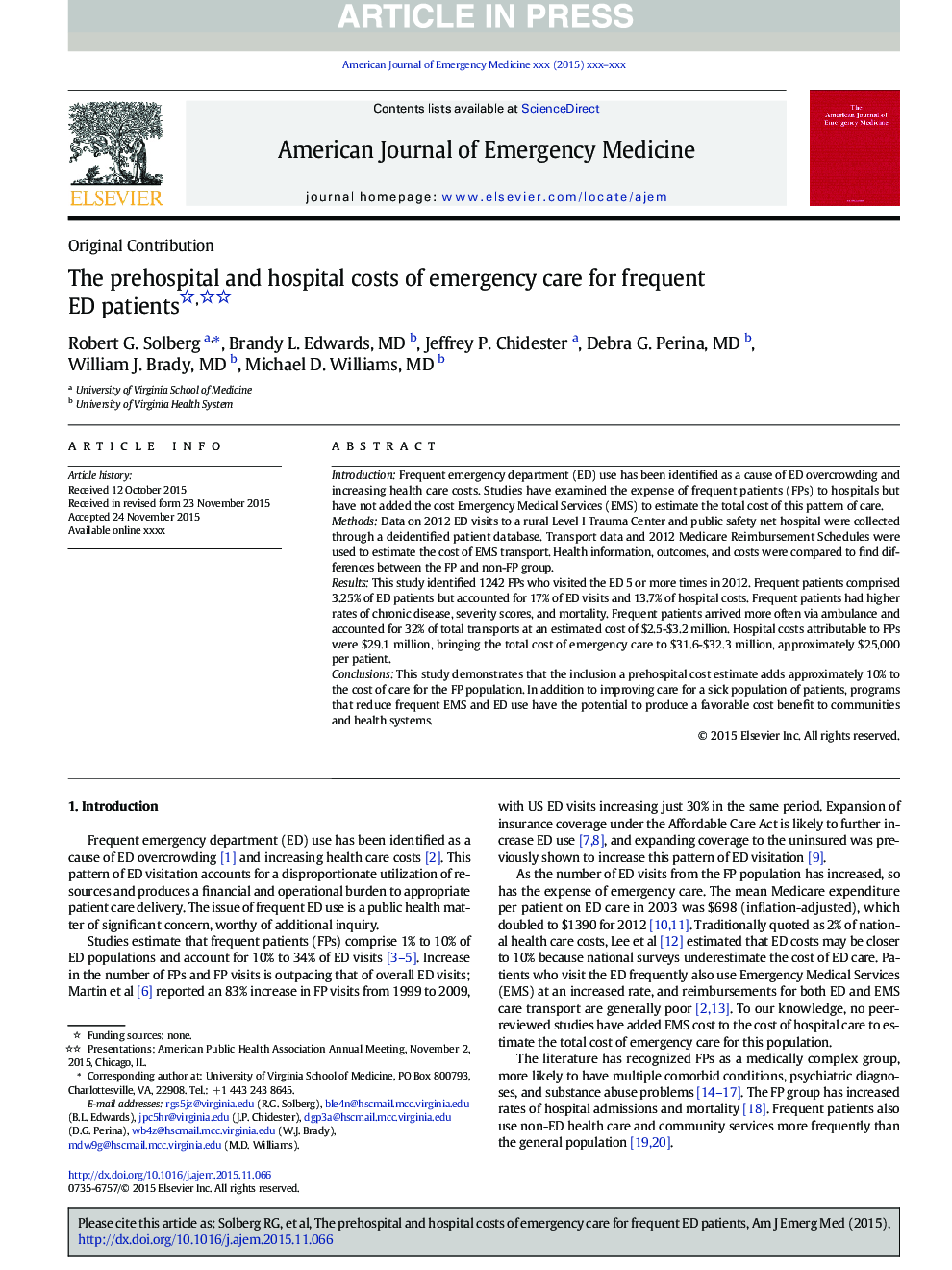 The prehospital and hospital costs of emergency care for frequent ED patients