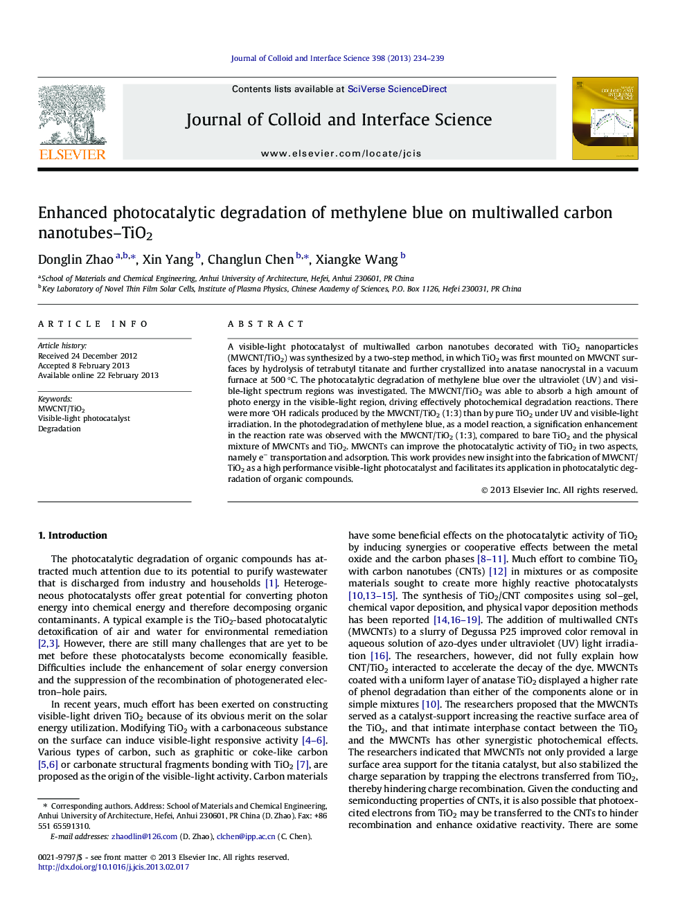 Enhanced photocatalytic degradation of methylene blue on multiwalled carbon nanotubes–TiO2