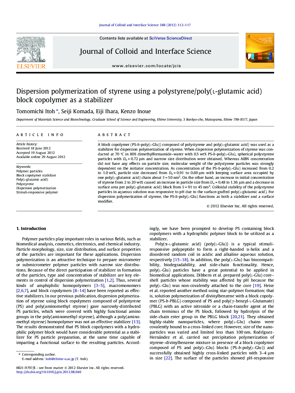 Dispersion polymerization of styrene using a polystyrene/poly(l-glutamic acid) block copolymer as a stabilizer