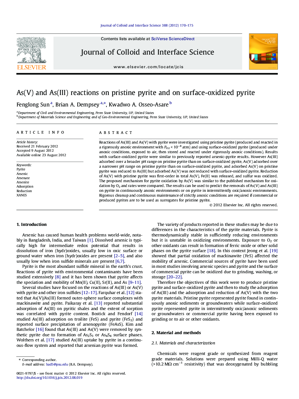 As(V) and As(III) reactions on pristine pyrite and on surface-oxidized pyrite
