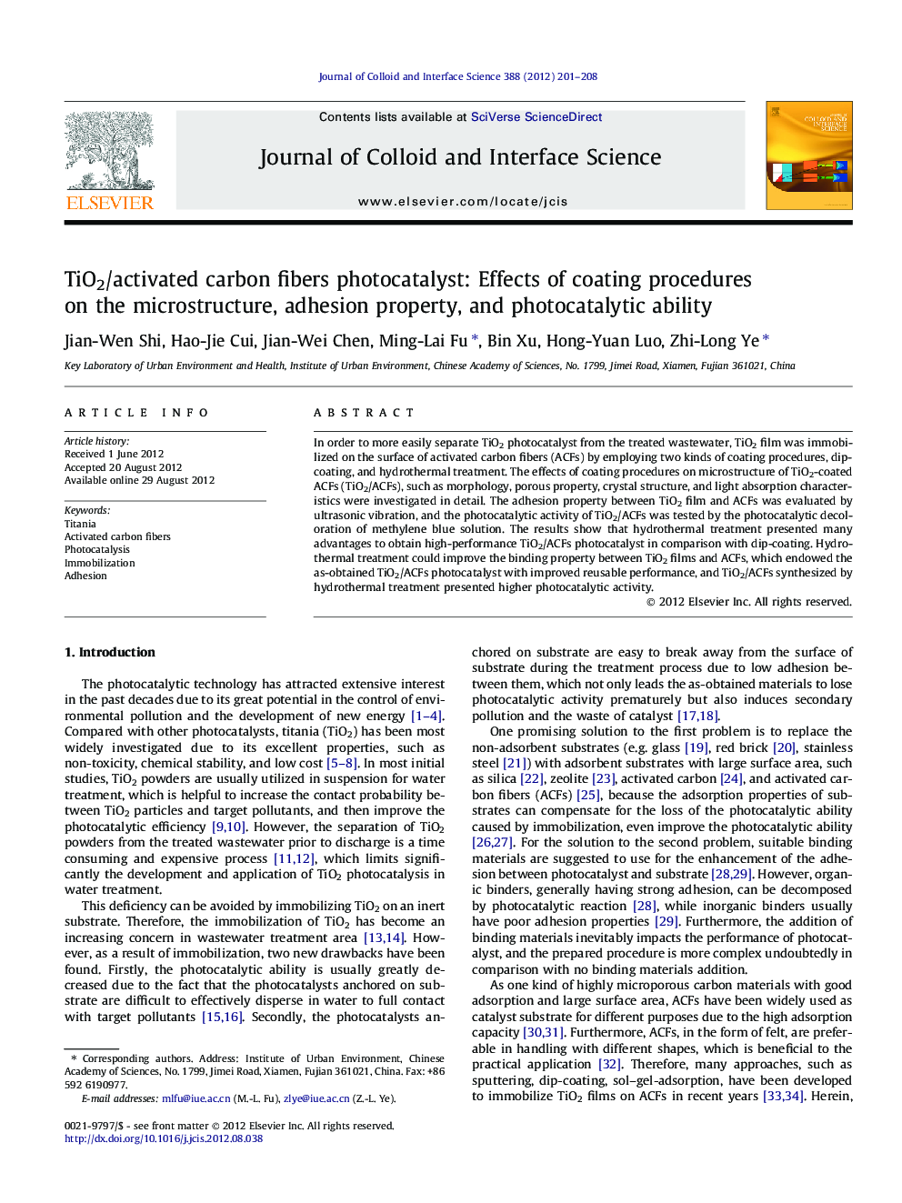 TiO2/activated carbon fibers photocatalyst: Effects of coating procedures on the microstructure, adhesion property, and photocatalytic ability