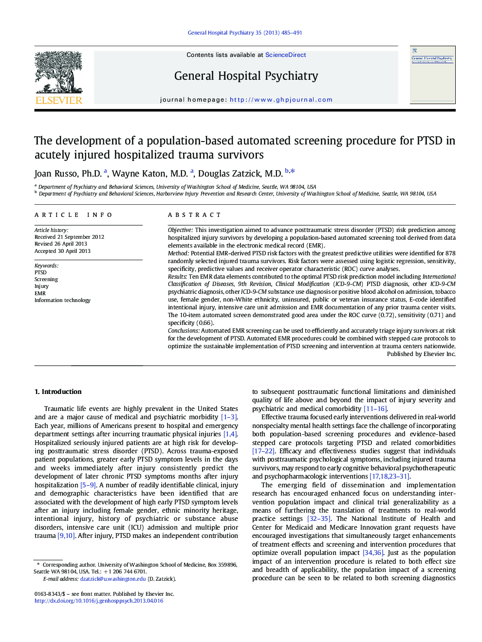 Psychiatric-Medical ComorbidityThe development of a population-based automated screening procedure for PTSD in acutely injured hospitalized trauma survivors