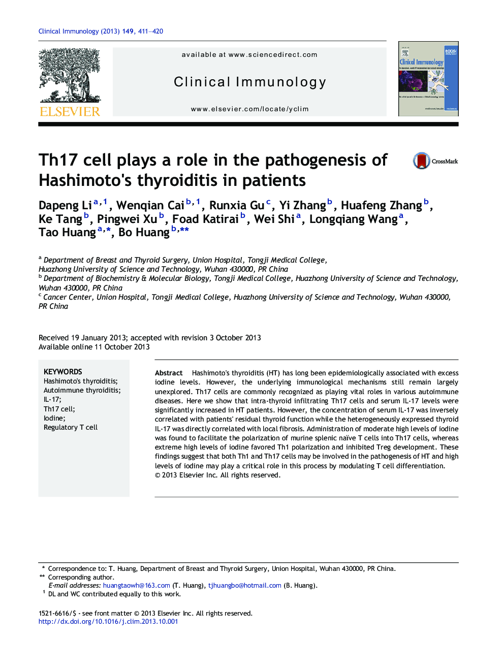 Th17 cell plays a role in the pathogenesis of Hashimoto's thyroiditis in patients