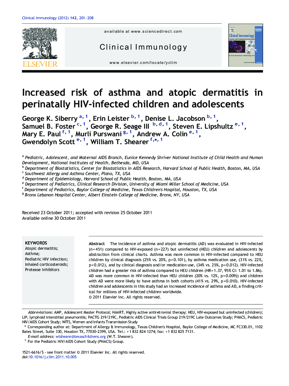 Increased risk of asthma and atopic dermatitis in perinatally HIV-infected children and adolescents