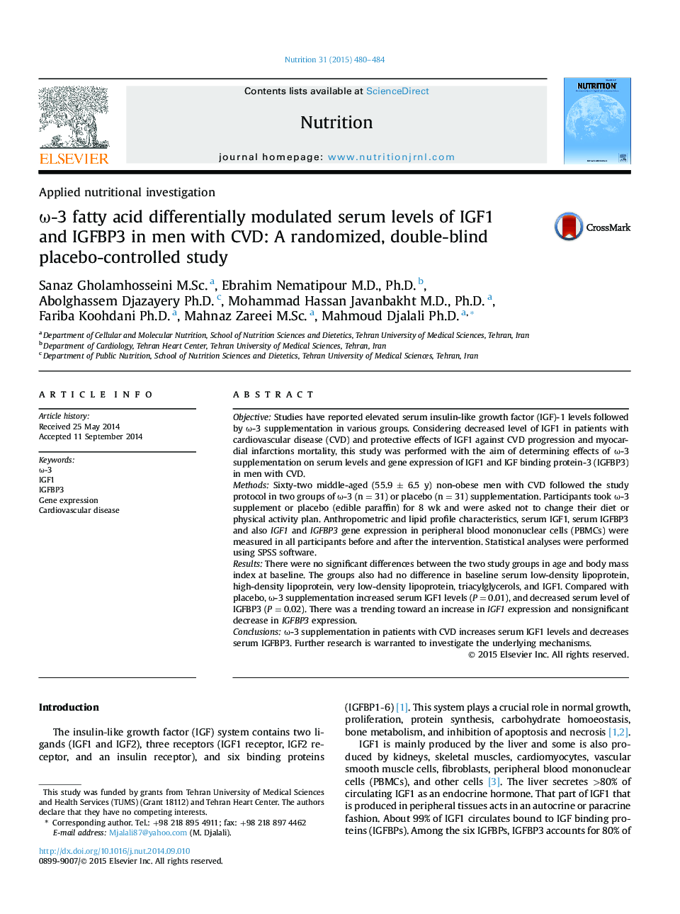 Applied nutritional investigationÏ-3 fatty acid differentially modulated serum levels of IGF1 and IGFBP3 in men with CVD: A randomized, double-blind placebo-controlled study