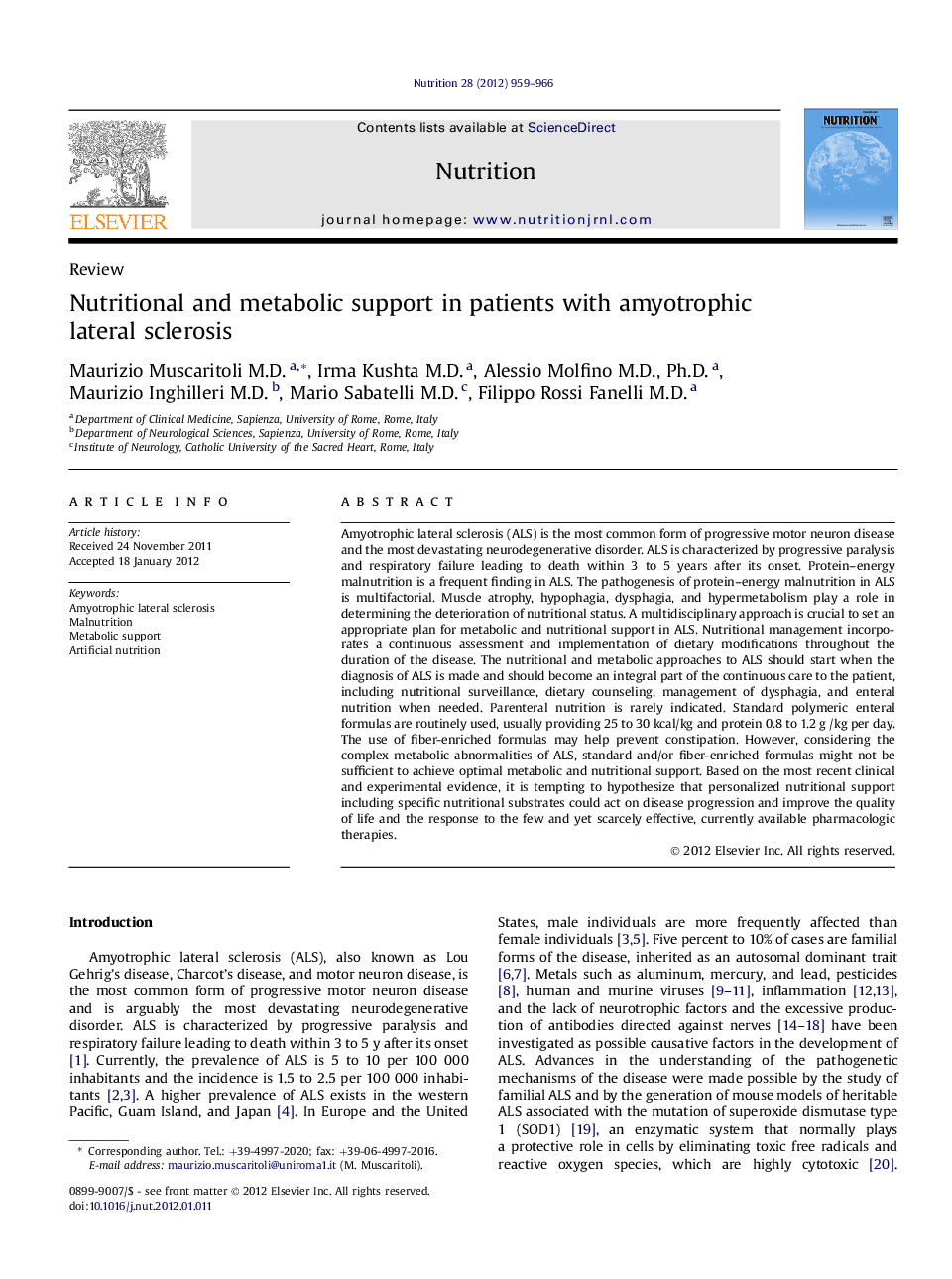 ReviewNutritional and metabolic support in patients with amyotrophic lateral sclerosis