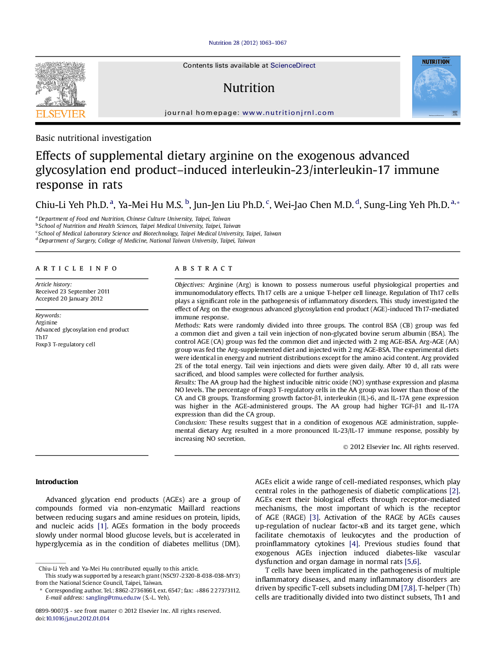 Basic nutritional investigationEffects of supplemental dietary arginine on the exogenous advanced glycosylation end product-induced interleukin-23/interleukin-17 immune response in rats