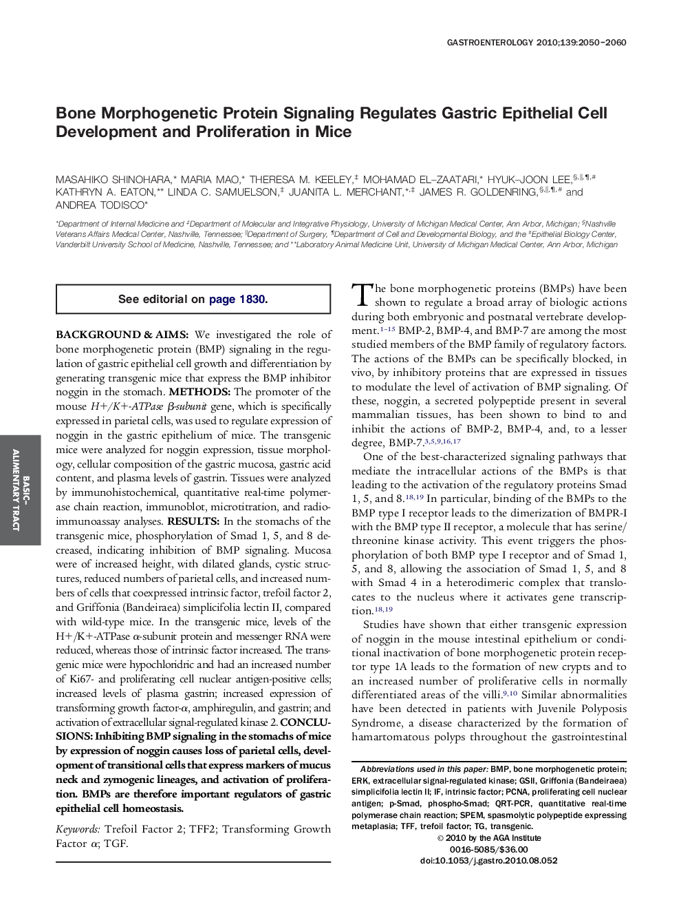 Bone Morphogenetic Protein Signaling Regulates Gastric Epithelial Cell Development and Proliferation in Mice