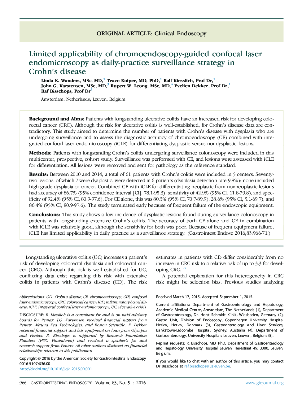 Original articleClinical endoscopyLimited applicability of chromoendoscopy-guided confocal laser endomicroscopy as daily-practice surveillance strategy in Crohn'sÂ disease