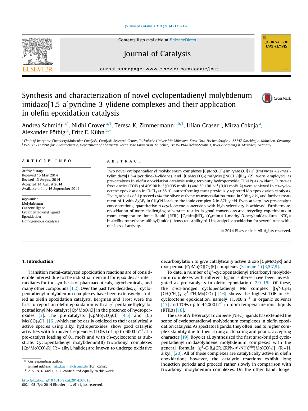 Synthesis and characterization of novel cyclopentadienyl molybdenum imidazo[1,5-a]pyridine-3-ylidene complexes and their application in olefin epoxidation catalysis