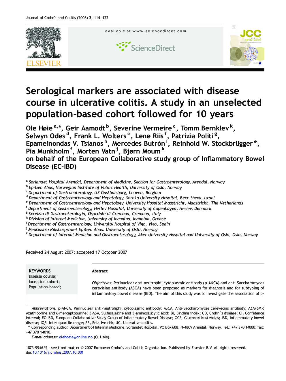 Serological markers are associated with disease course in ulcerative colitis. A study in an unselected population-based cohort followed for 10Â years