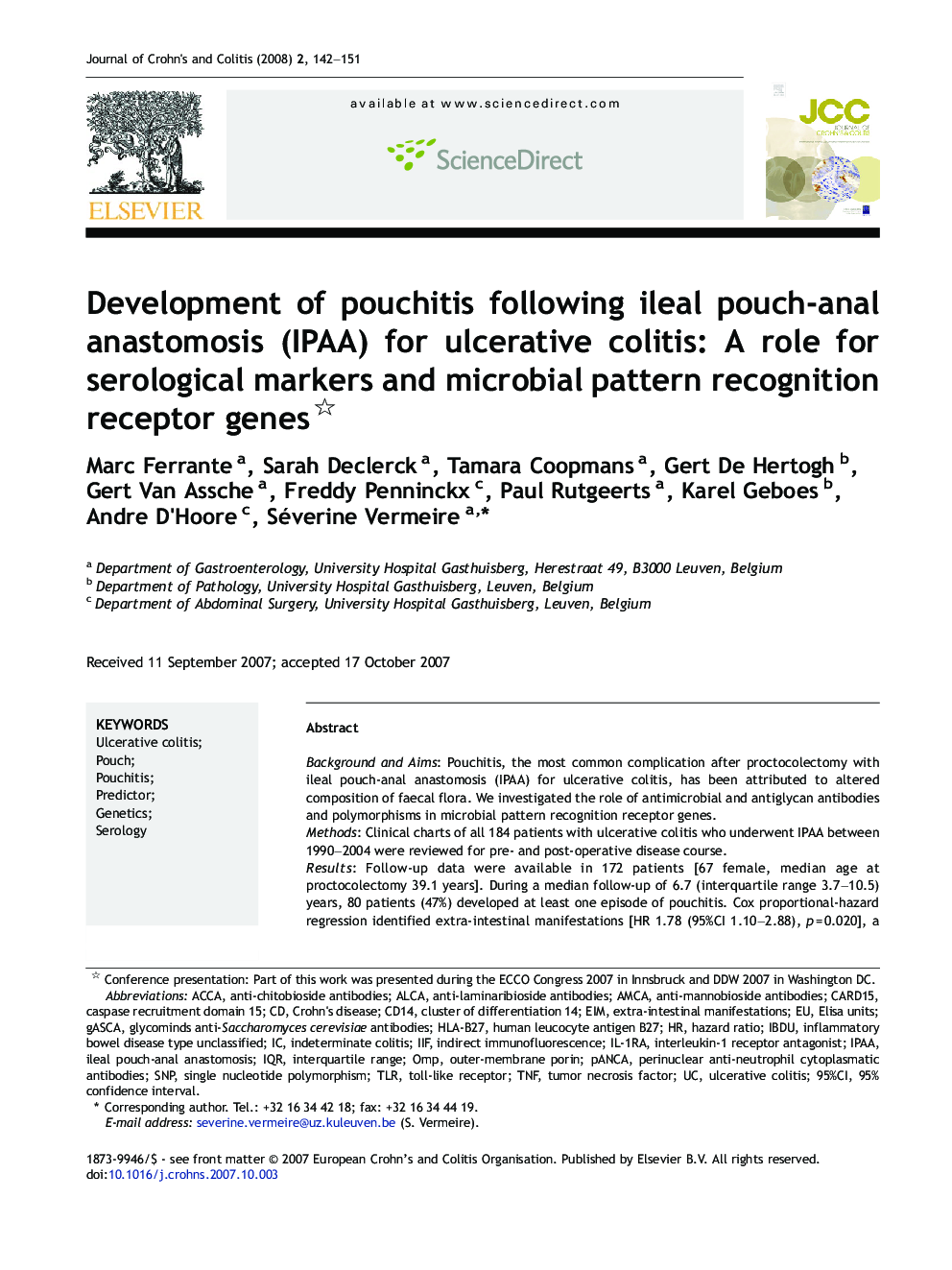 Development of pouchitis following ileal pouch-anal anastomosis (IPAA) for ulcerative colitis: A role for serological markers and microbial pattern recognition receptor genes